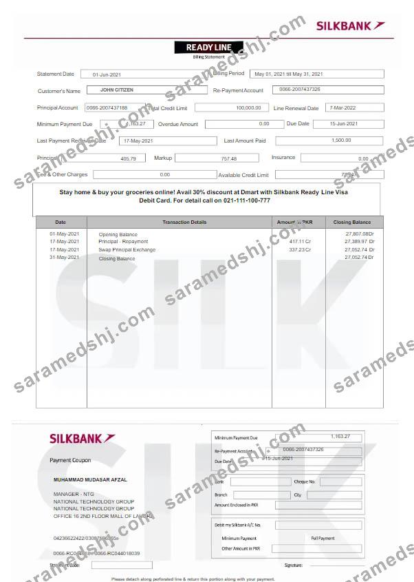 Pakistan Silkbank statement Word and PDF template scr